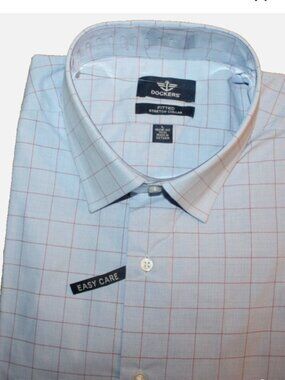 Dockers Men's Easy Care Windowpane Dress Shirt Light Blue Red Grid NWT Sz L 16